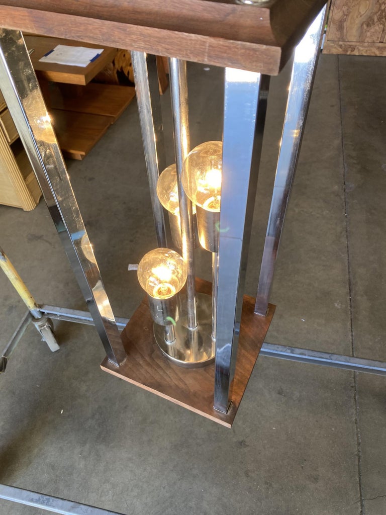 1970s Post Modern Teak and Chrome Pendant Light Fixture, Pair