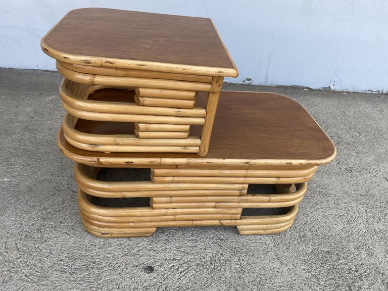 Restored Two-Tier Stacked Rattan Side Table with Mahogany Tops, Pair