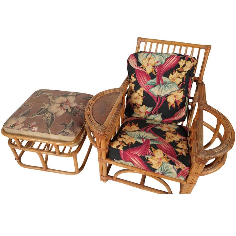 Rare MCM Stepped Rattan Sofa Chair Ottoman Livingroom Set w/ Built in End tables