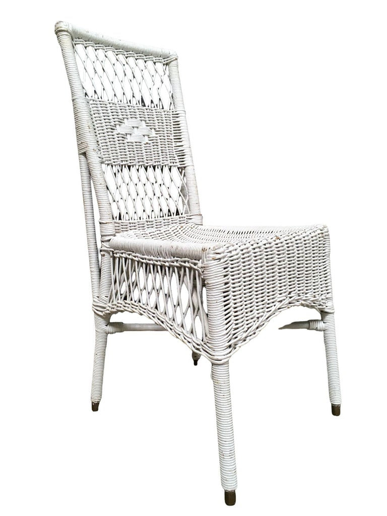 Shabby Chic White Wicker Mahogany Top Writing Secretary Desk w/ Chair