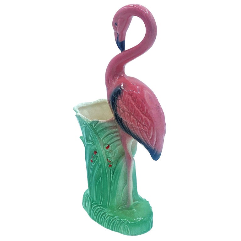 Mid-century "Lovers" Pink Flamingo Ceramic Tabletop Vase Set By Leftons