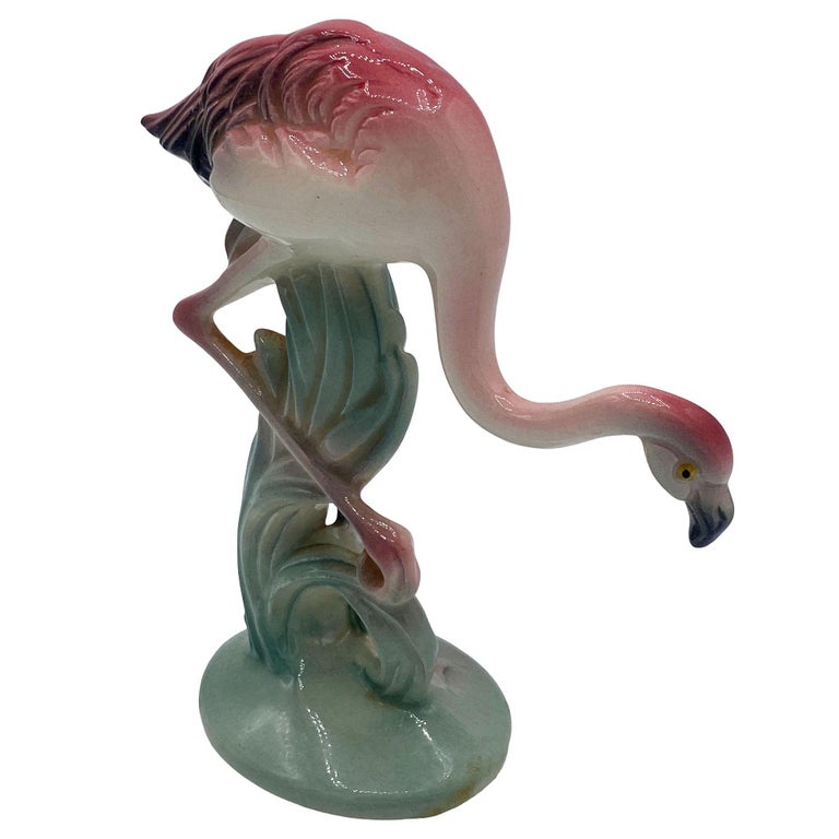Mid-century Pink & Green Flamingo Ceramic Tabletop Sculpture Pair By Brad Keeler