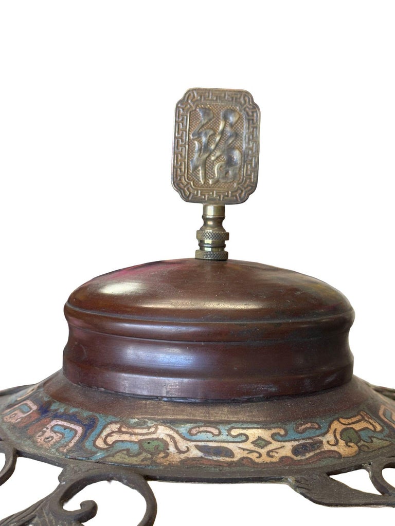 1910 Meiji Period Japanese Cloisonné Lamp with Wrought Iron and Enamel Shade