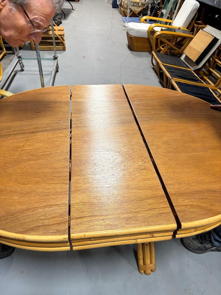 Restored Round Rattan & Mahogany Dining Table W/ Leaf