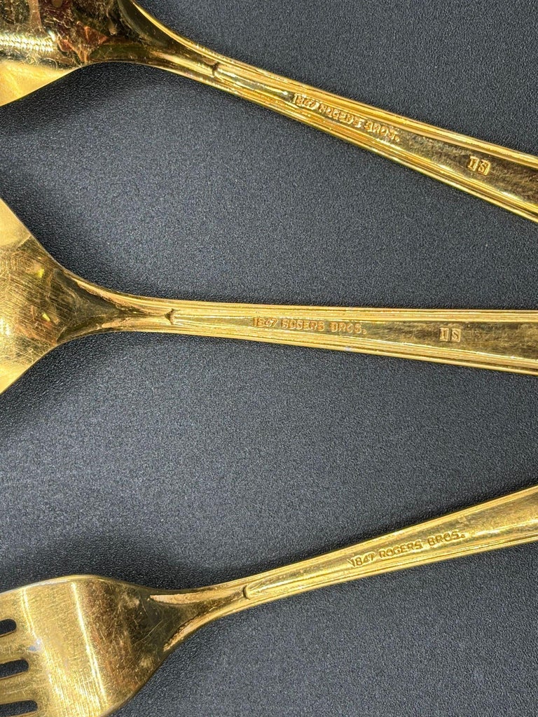 Modernist Pattern Gold Plated Stainless Flatware Set of 92 by 1847 Rogers Bros