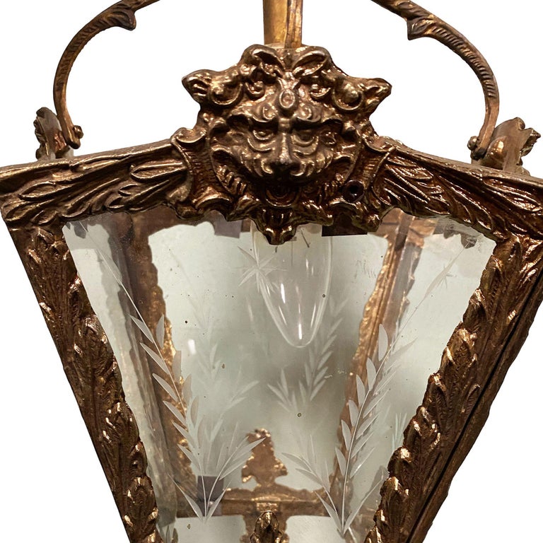 Italian Rococco Style Brass Lantern Hanging Wall Sconce w/ Etched Glass Panels