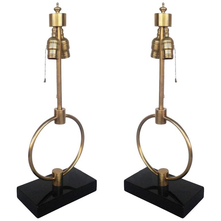 Mid-century Gilbert Rohde Style Brass Ring Table Lamp, Pair