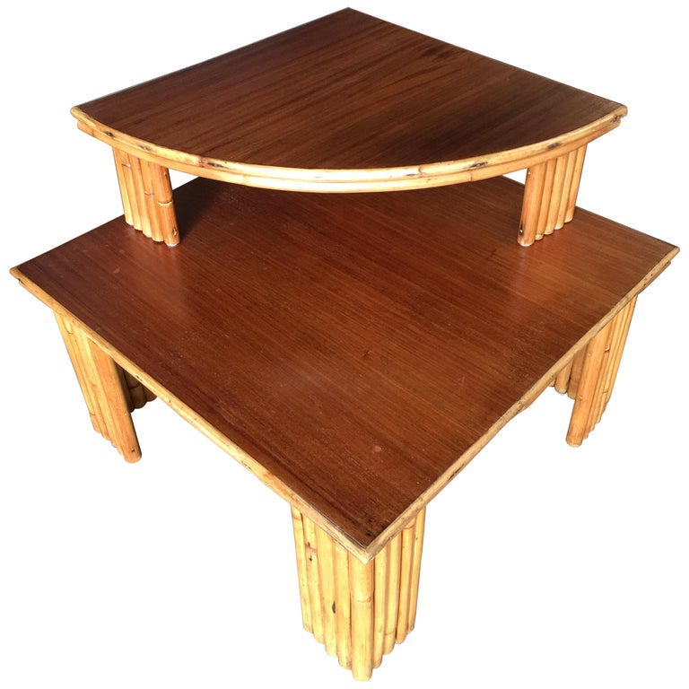 Restored Rattan Corner Side Table with Removable Mahogany Second Tier