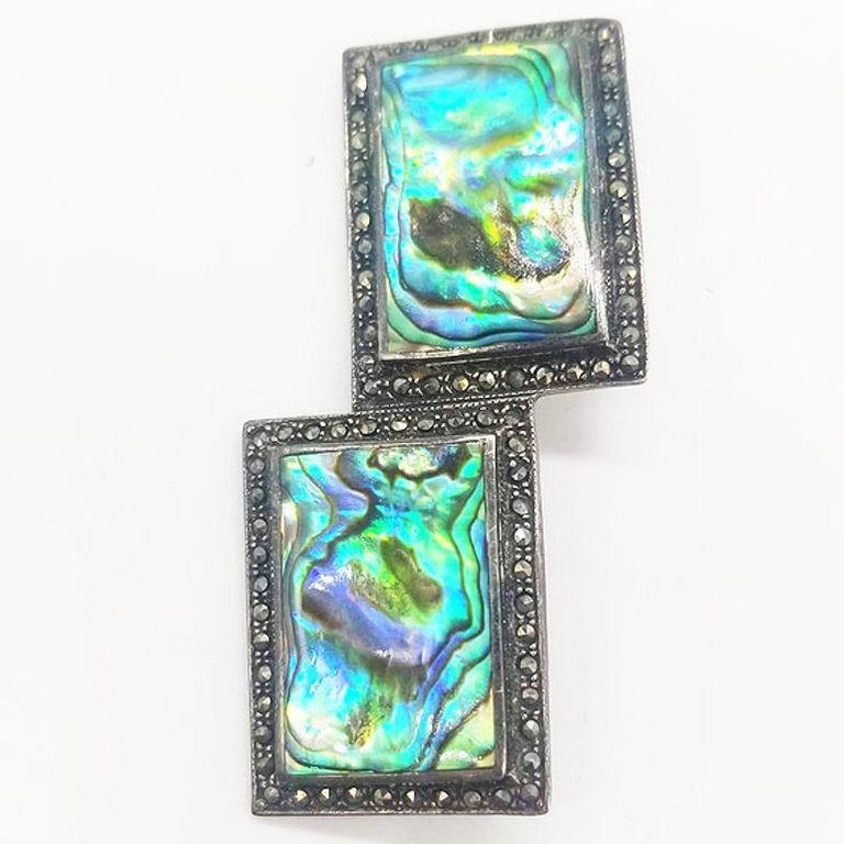 Sterling Silver French Paste Marcasite Jewelry Set, Brooch, Bracelet, Earrings