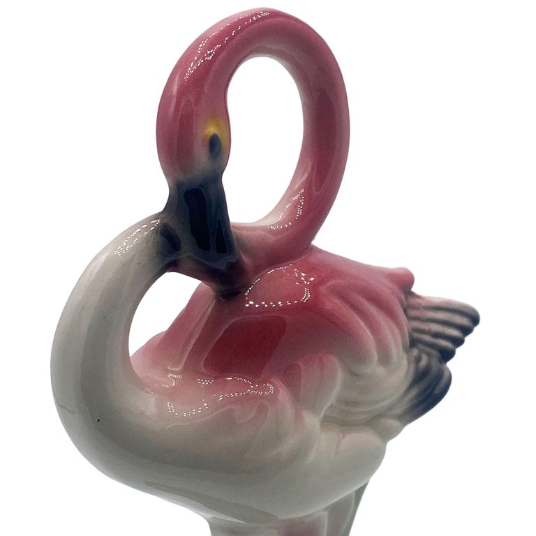 Matching Mid-century Pink Flamingo Ceramic Tabletop Statue Set By Brad Kealer