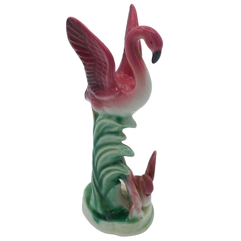 Mid-century Ceramic Miniature Pink Flamingo Tabletop Statue By Leftons