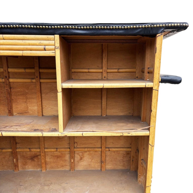 Restored Stacked Front Stacked L Shaped Rattan Bar w/ Nailhead Naugahyde Top