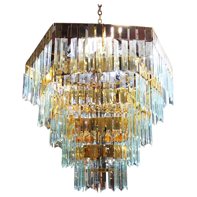 1970's Late Modernist Hanging Crystal and Brass Chandelier, 2 Available
