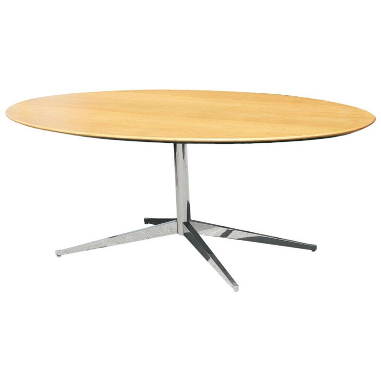 Florence Knoll Oak and Re-Chromed Steel Base Dining or Conference Table