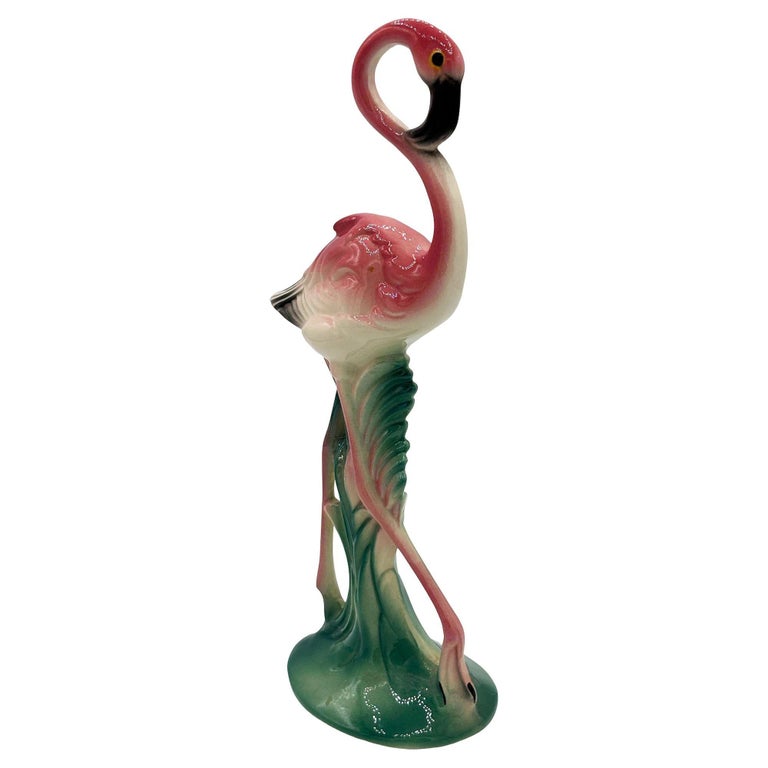 Mid-century Ceramic Flamingo Figurine Set in Tropical Pond Tray by Maddux