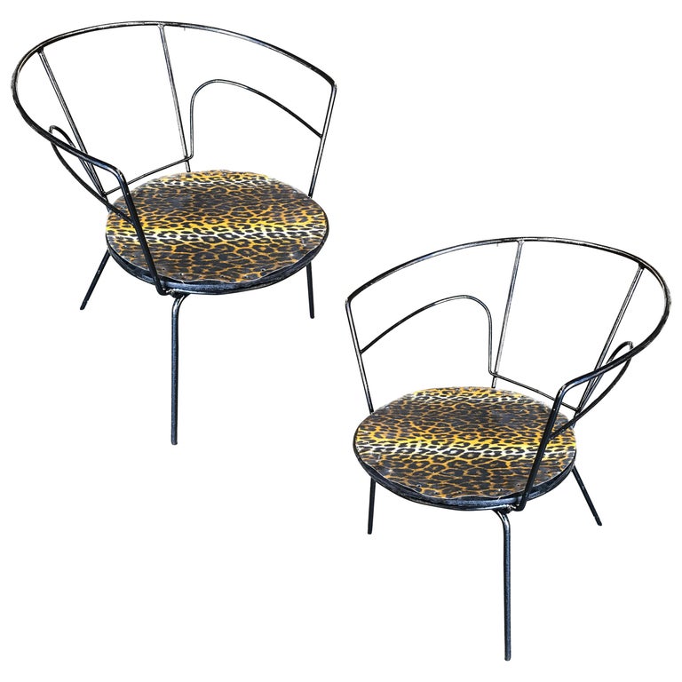 Atomic Age Iron Wire Side Armchair w/ Leopard Print Seat, Pair