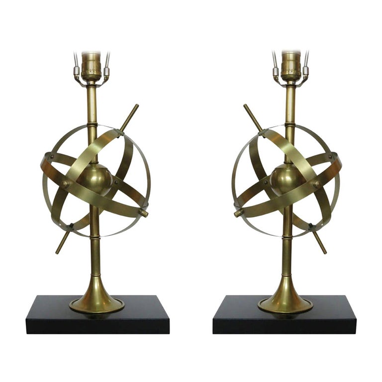 Brass Celestial Armillary Globe Study Table Lamp, Pair