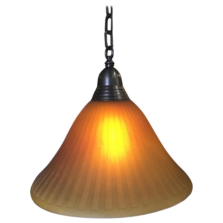 Bronze Hanging Lamp with Amber Glass Shade