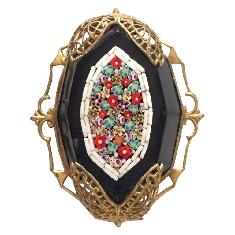 Late Victorian Murano Glass Mosaic on Black Jet Stone