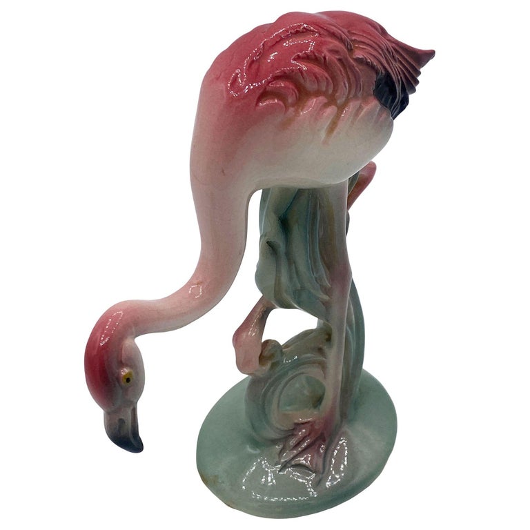 Mid-century Pink & Green Flamingo Ceramic Tabletop Sculpture Pair By Brad Keeler