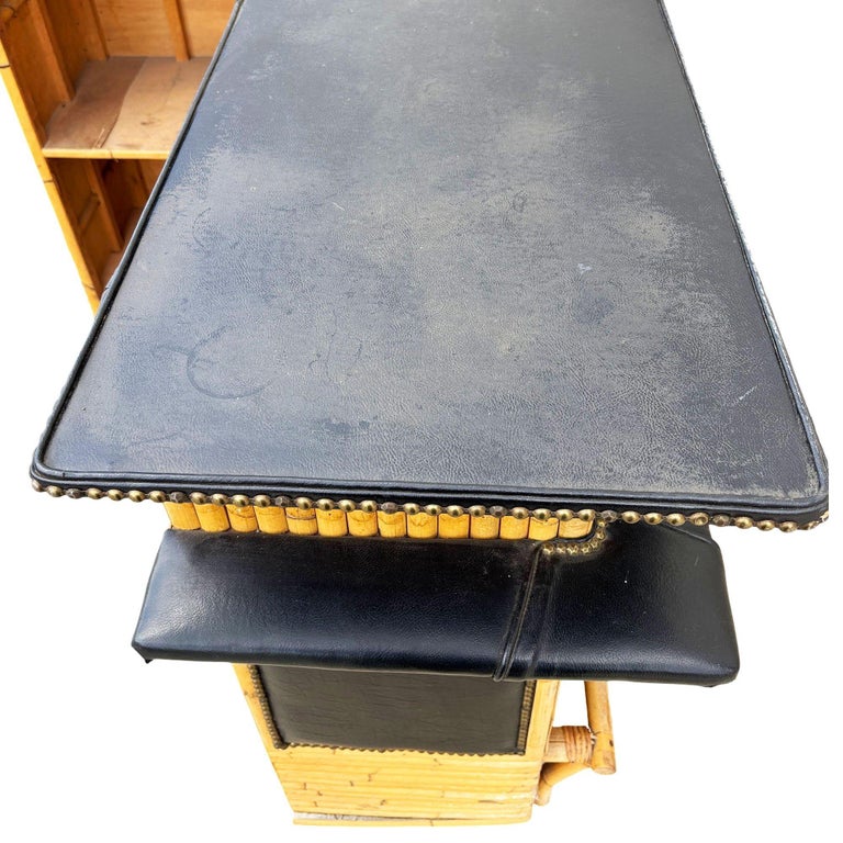 Restored Stacked Front Stacked L Shaped Rattan Bar w/ Nailhead Naugahyde Top