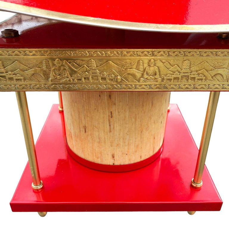 Mid-Century Pagoda Enameled Red Metal & Gold-Tone Tole Chinoiserie Chandelier