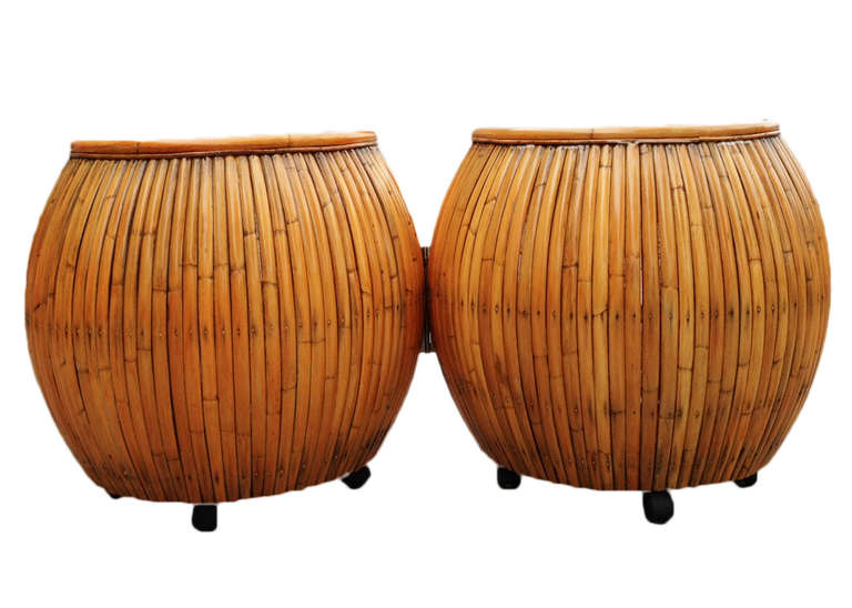 Restored Large 1940s Rattan and Mahogany Pumpkin Bar