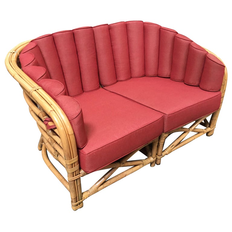 Restored Art Deco Rattan Shell Back Rattan Sectional Loveseat Sofa