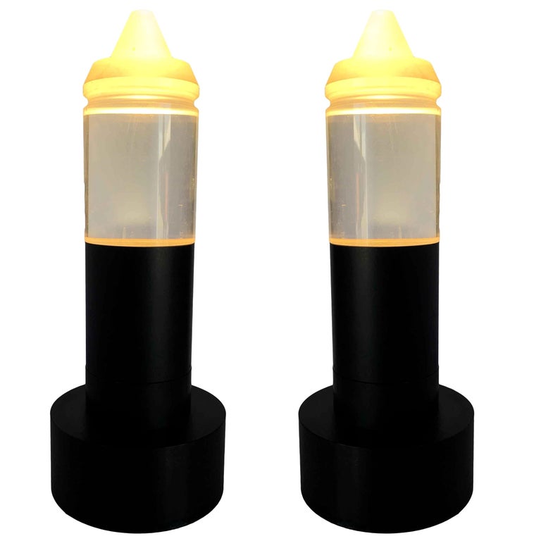 Postmodern Steel Cafe Table Lamp With Cone Shaped Glass Shade Pair, 10 Available