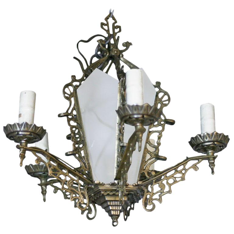 Art Deco Slat Glass Brass Dining Room Chandelier w/ Geometric Details