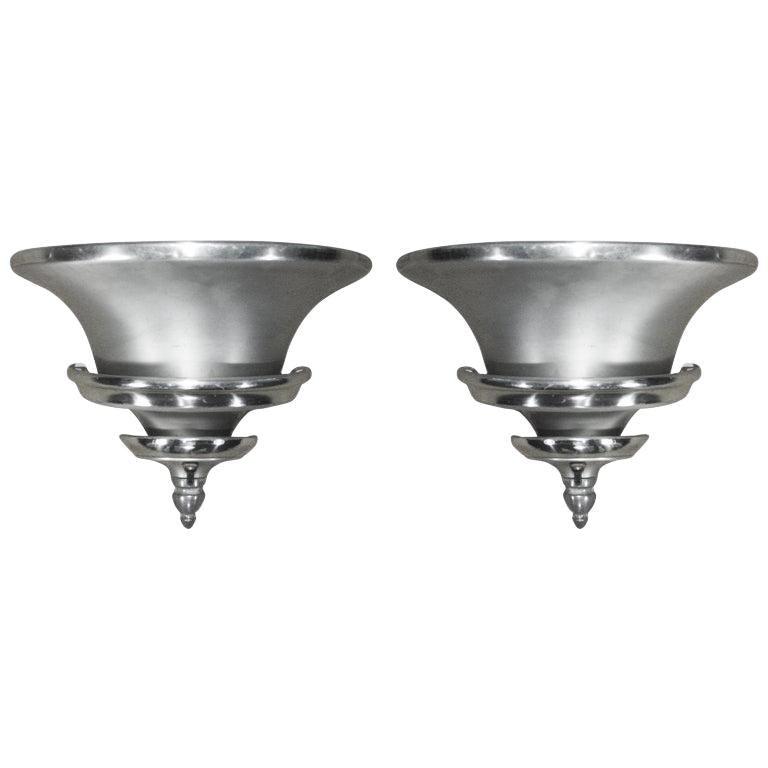 Brushed Aluminum Art Deco Demilune Wall Sconces by Walter Von Nessen, Pair