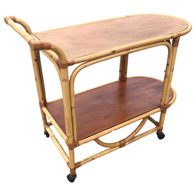 Two-Tier Rattan and Mahogany Tombstone Bar Cart