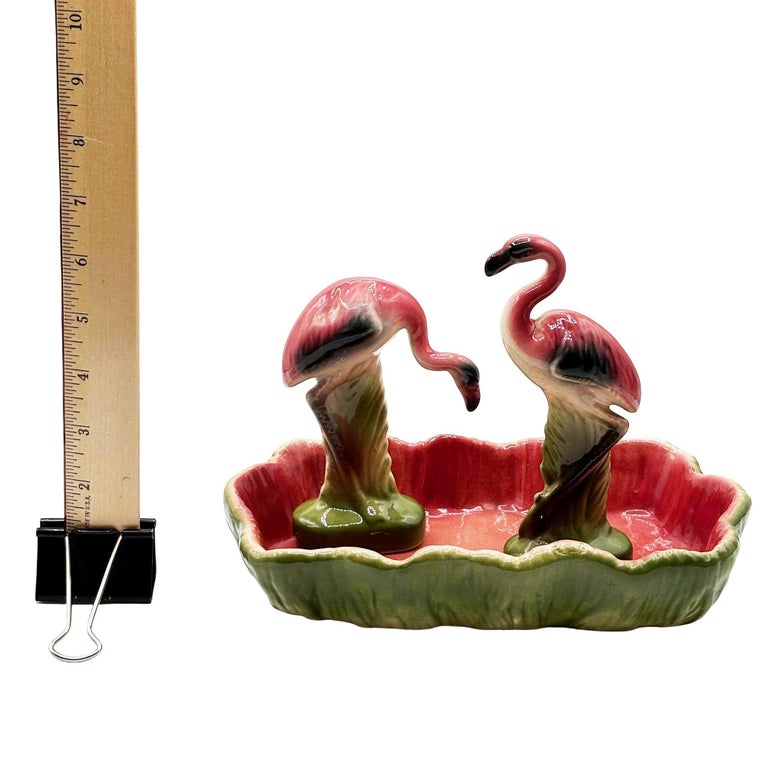 MCM California Pottery Ceramic Flamingo Figurine Set w/ Tropical Pond Tray