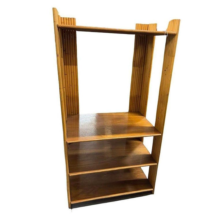 Restored Vertically Stacked Rattan 4-tier Rattan & Mahogany Etager Display Shelf