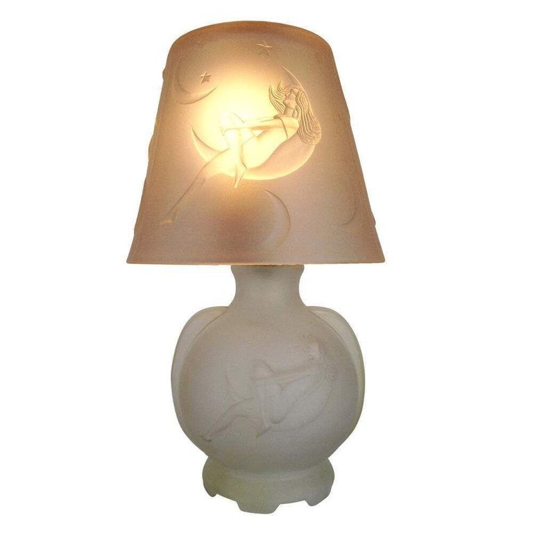 1984 Art Deco Lay by the Stars Crescent Moon Boudoir Glass Lamp by Sarsaparilla