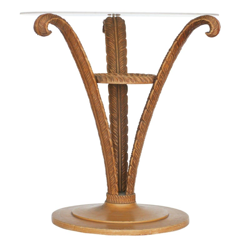 Art Deco Sculpted Wood Plume Round Pedestal Side Table by Grosfeld House, Pair