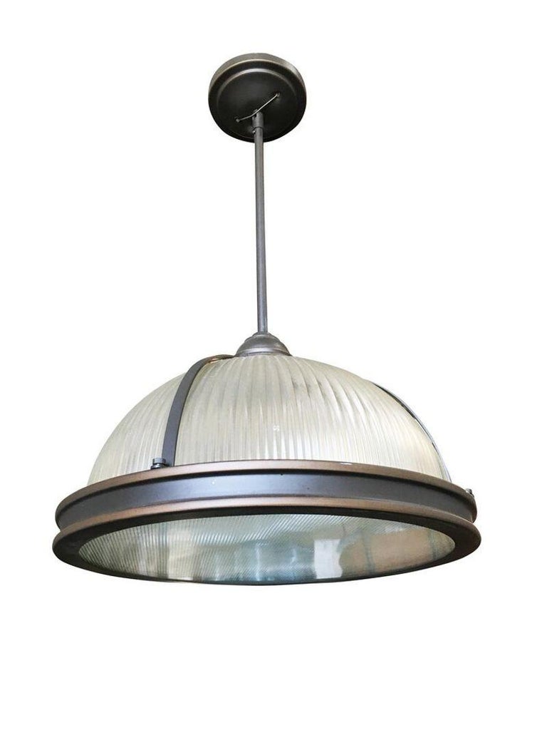 Industrial Ribbed Pendant Lamp Holophane Style Pair