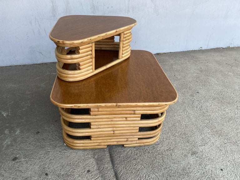 Restored Stacked Two-Tier Rattan Corner Side Table