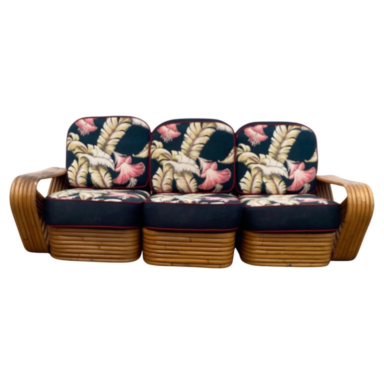 Restored MCM Frankl Style Six-strand Rattan Sofa, Table, Chair Livingroom Set
