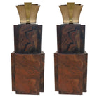Grand Hollywood Art Deco Style Wood & Brass 9' Tall Torchiere Floor Lamp, Pair