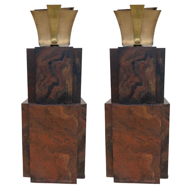 Grand Hollywood Art Deco Style Wood & Brass 9' Tall Torchiere Floor Lamp, Pair