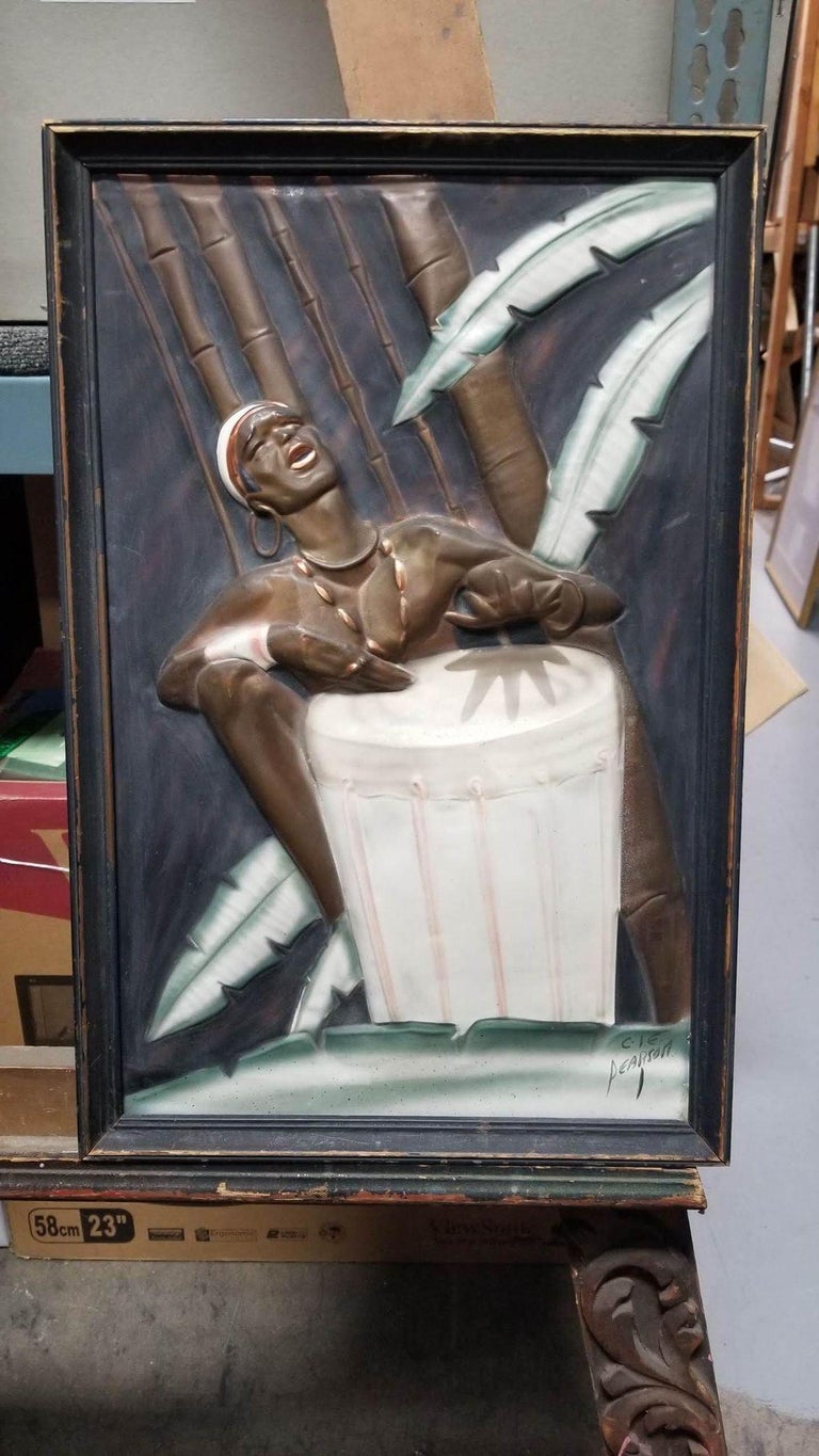 Mid Century Cooper Embossed Bongo Player Wood Framed by C.I.E. Pearson