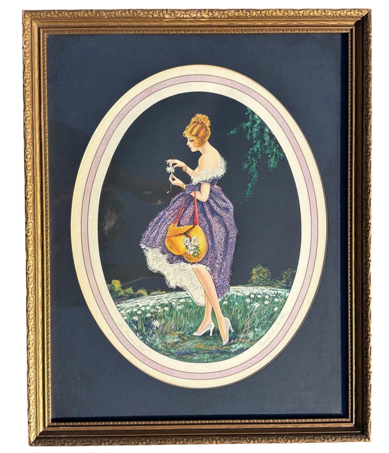1920's Framed French Artwork "The Daisies Tell" by Marcel Le Boulte