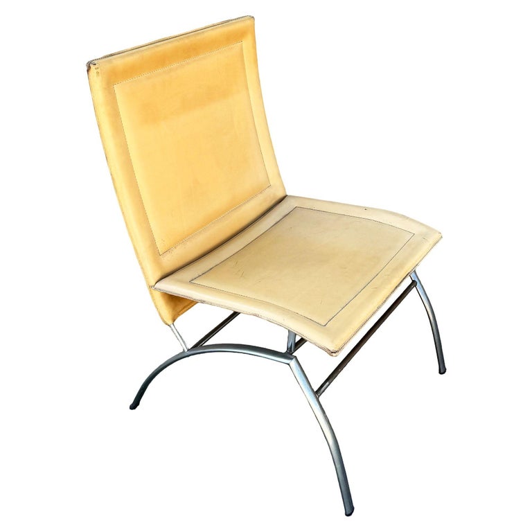 Postmodern Italian Leather “Waist” Side Chrome Tublar Lounge Chair