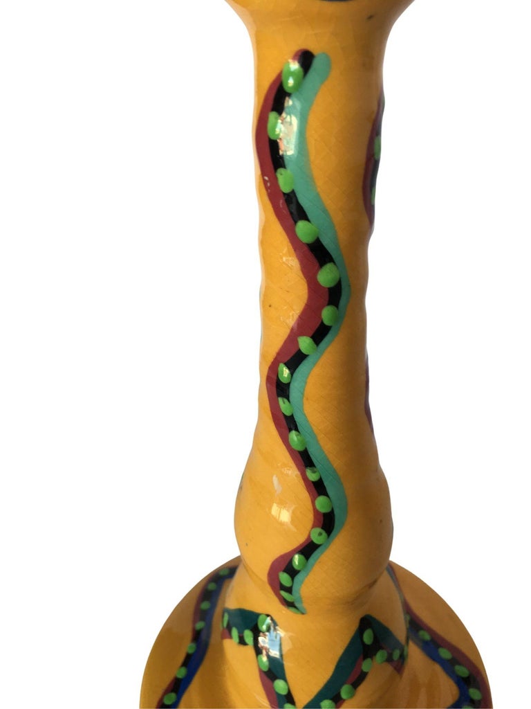 California Art Pottery Yellow Speckle Candlestick holder by Lynda Feman Circa 19