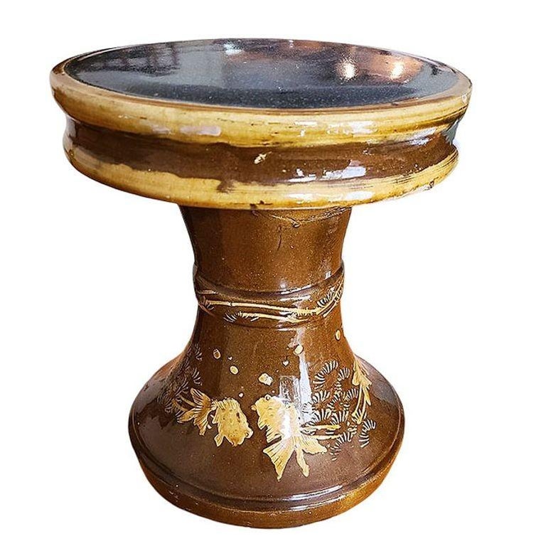 Post-war Chinese Koi Fish Glazed Art Pottery Garden Patio Toadstool Stool
