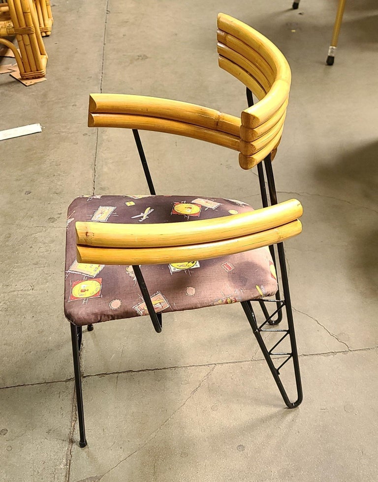 Restored Mid Century Wrought Iron Wire Hairpin Leg Armchair w/ Pole Rattan Arms