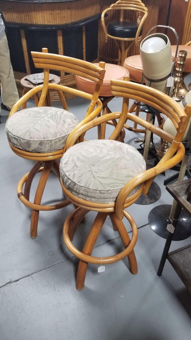 Restored Rattan Pair of Two Stacked Back Bar stools w/ Botanical Fabric Seats