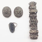 Sterling Silver French Paste Marcasite Jewelry Set, Brooch, Bracelet, Earrings