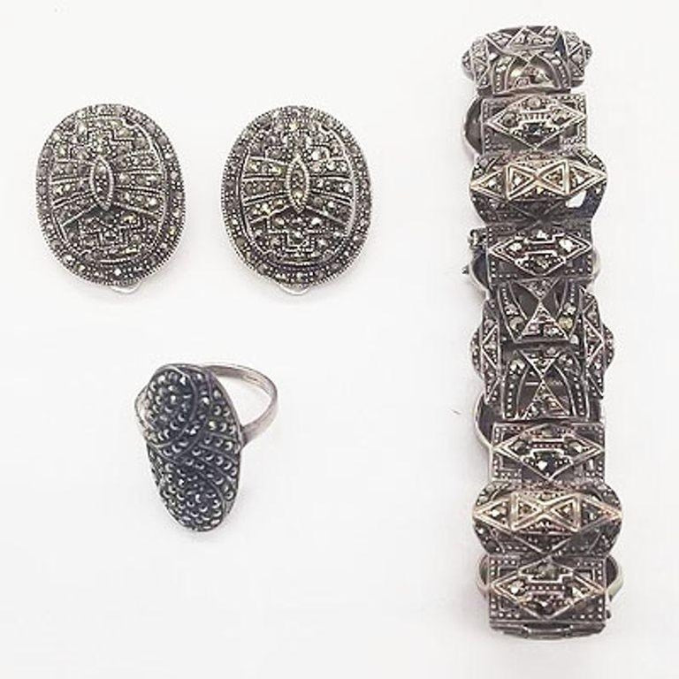 Sterling Silver French Paste Marcasite Jewelry Set, Brooch, Bracelet, Earrings